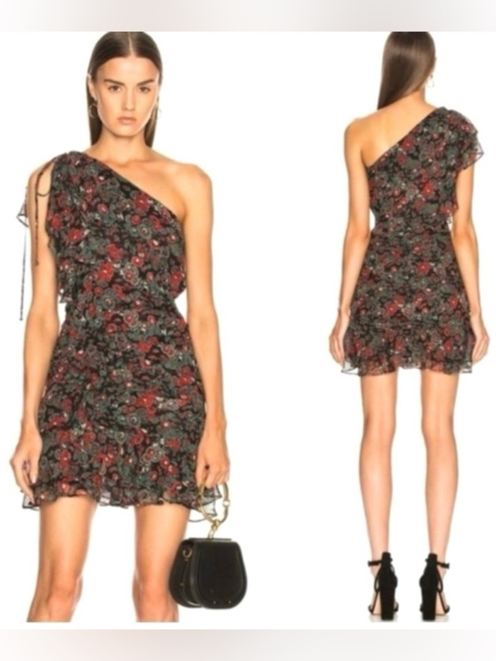 Veronica Beard Silk Dress Ballard Ruched Dark Floral One Shoulder Size Medium 10
